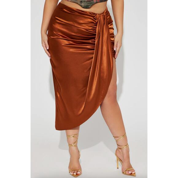 NWT Fashion Nova Valencia Wrap Satin Midi Skirt Bronze High Waist Plus Size 2X - Picture 1 of 12
